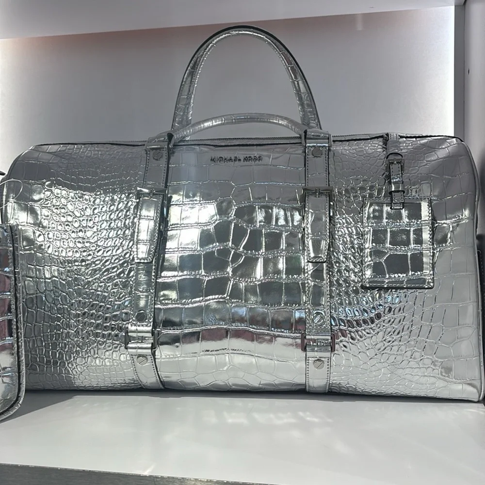 Michael Kors Silver Crocodile Embossed Duffel Bag NWT - Picture 15 of 16
